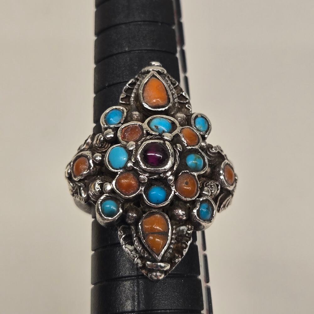 Vintage 70's 80's Boho Eclectic Global Tribal Multi-Color Shield Silver Ring, 7 - Picture 6 of 12